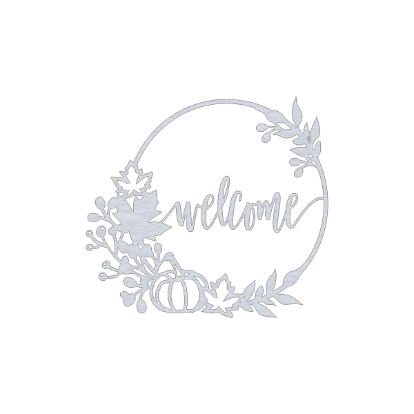 A circular aluminum wall art piece featuring the word 'welcome' in elegant script. Surrounding the word are intricate cut-out designs of autumn leaves, berries, and a pumpkin, creating a warm and inviting seasonal theme. The metal appears to have a smooth finish on a black background.